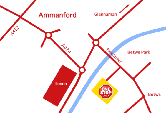 Map showing One Stop Check at Betws Park, off Park Street, near Tesco in Ammanford